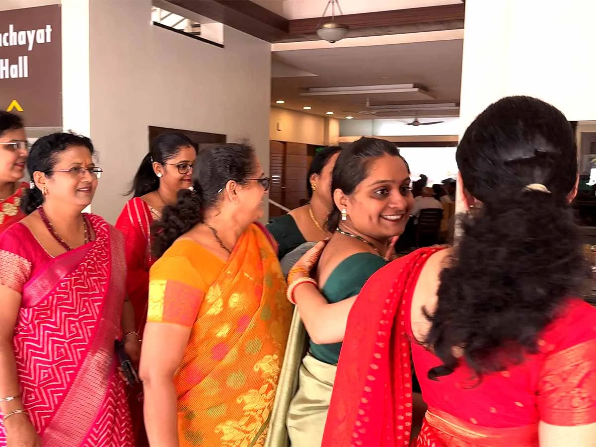 Group of happy Gujarati ladies enter Pangat Thali restaurant