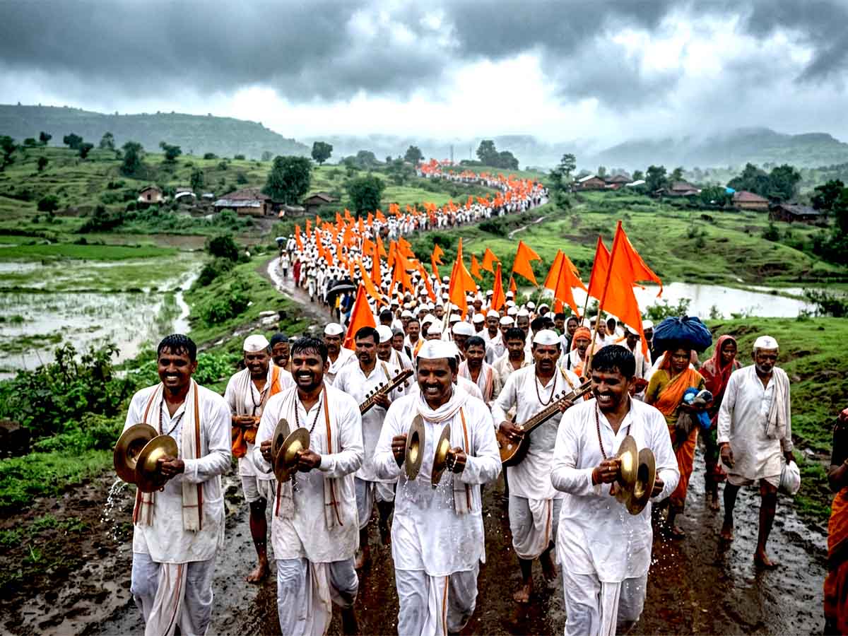 Warkaris Dindis on the Wari pilgrimage to the Vitthal Rukmini Mandir in Pandharpur