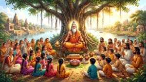 Guru seated beneath a majestic banyan tree on a traditional wooden seat on the occasion of Guru Purnima, surrounded by devoted disciples respectfully listening to his teachings