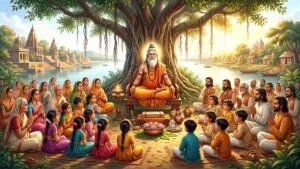 Guru seated beneath a majestic banyan tree on a traditional wooden seat on the occasion of Guru Purnima, surrounded by devoted disciples respectfully listening to his teachings
