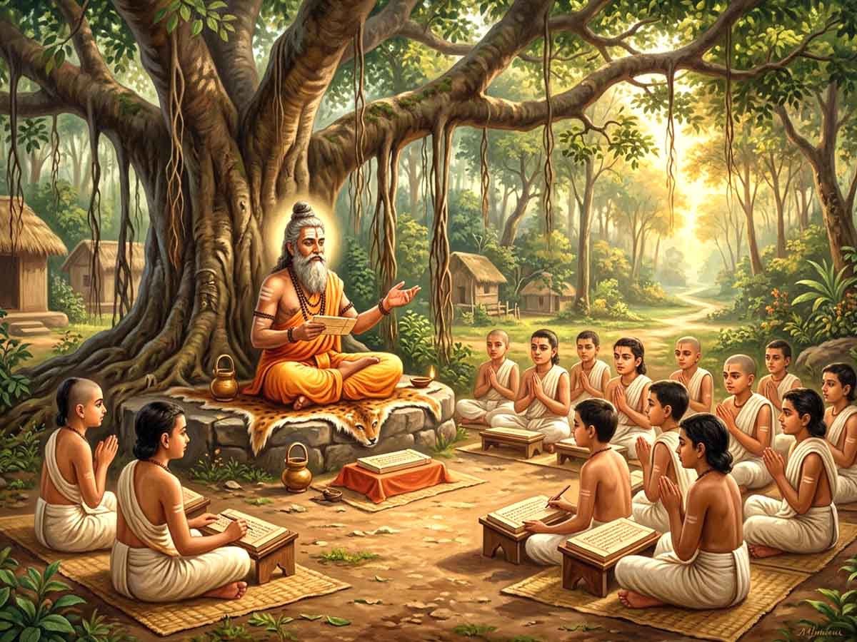 Ancient Indian Gurukul scene showing a wise Guru teaching young disciples beneath a large banyan tree.