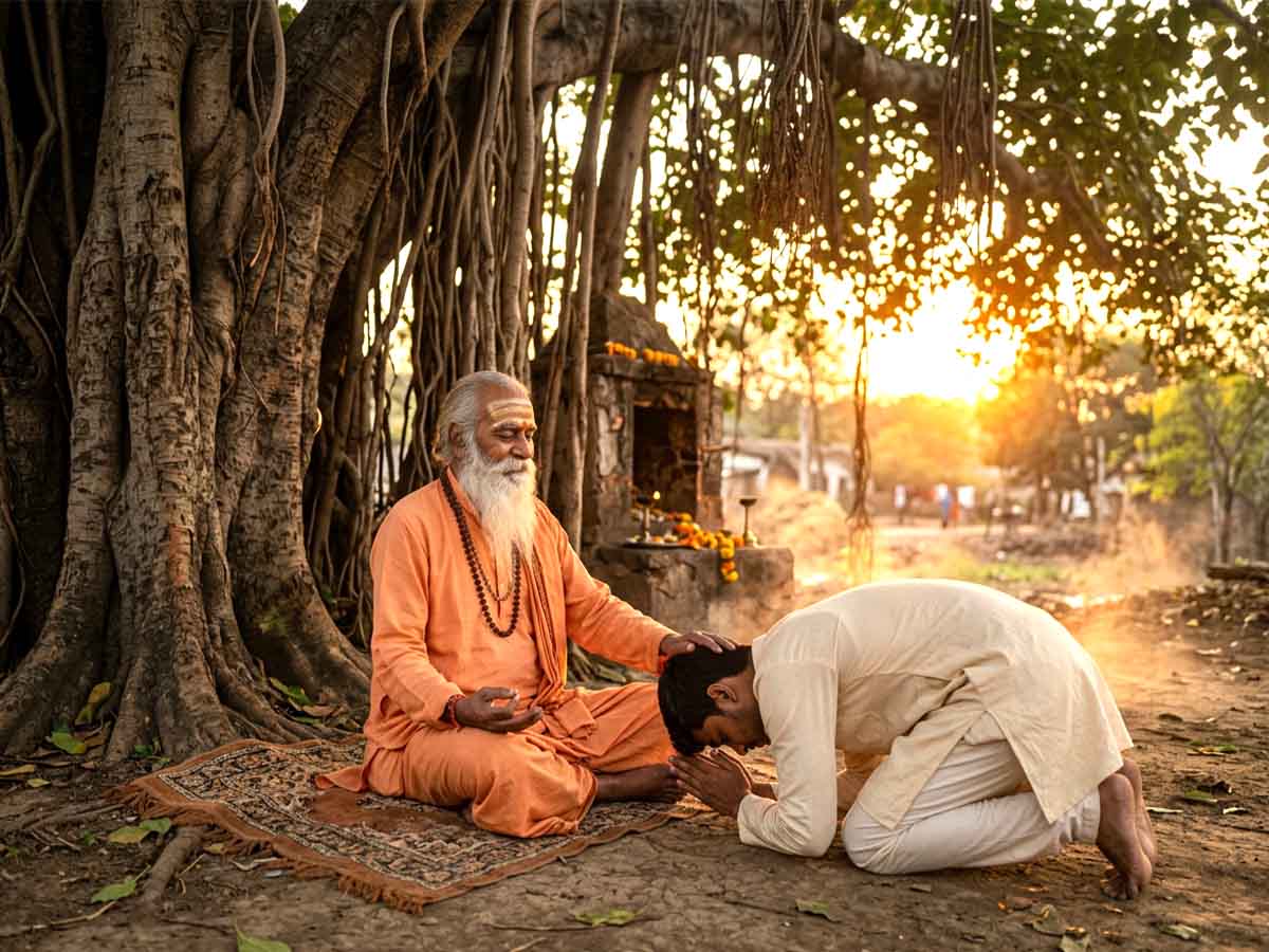A heartfelt scene of a disciple bowing respectfully before an elderly Guru beneath a large banyan tree during sunset.