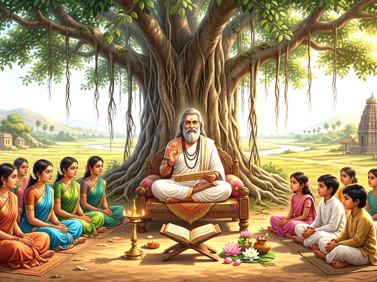 Guru Purnima festival, Guru seated beneath a majestic banyan tree on a traditional wooden seat, surrounded by women devotees and children