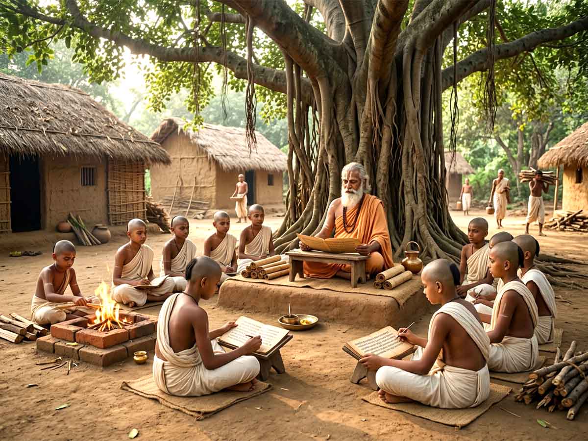 Ancient Indian Gurukul scene showing a wise Guru teaching young disciples beneath a large banyan tree.