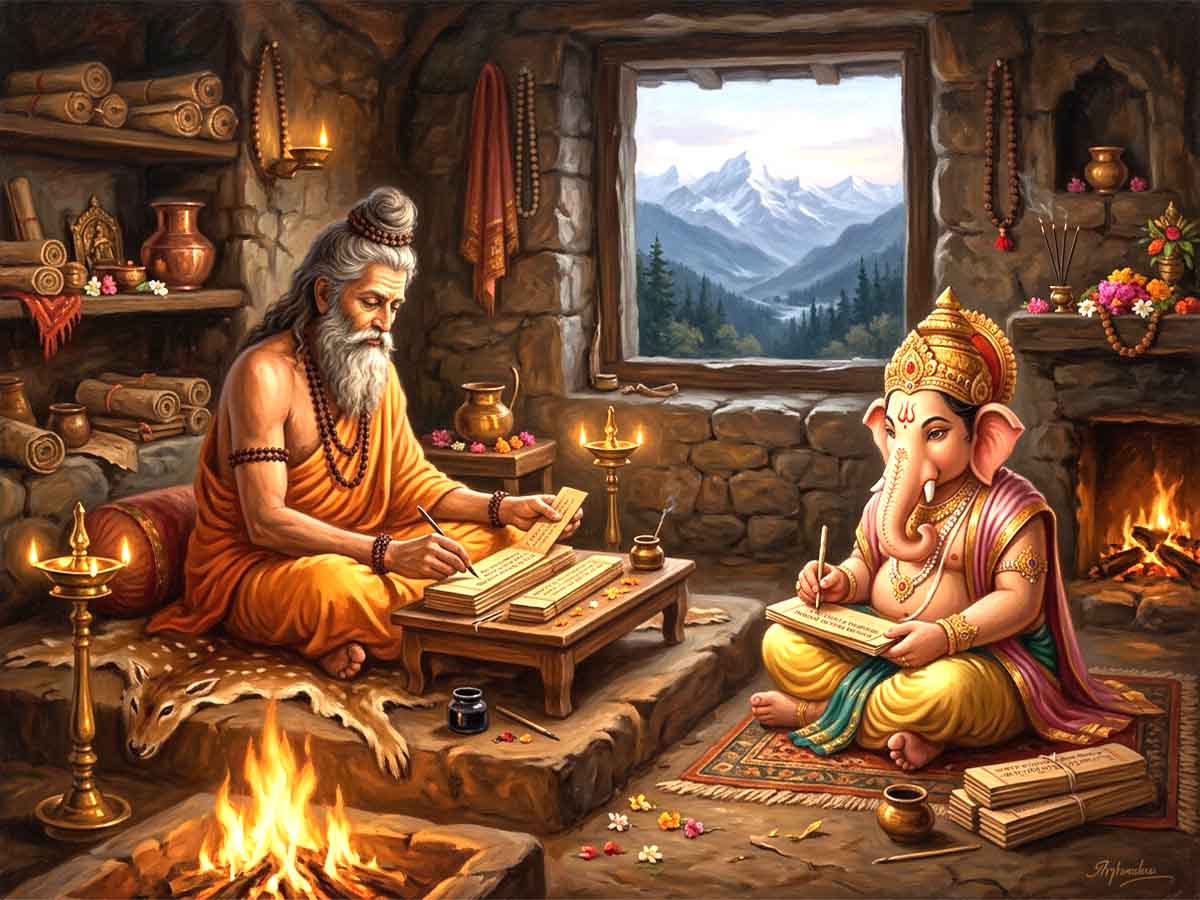 Maharishi Ved Vyasa seated inside a peaceful Himalayan hermitage writing the Mahabharata on palm-leaf manuscripts while Lord Ganesha records the verses.