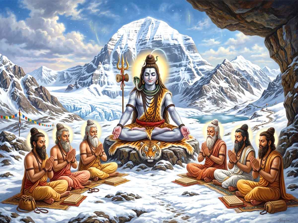 Lord Shiva as Adi Guru seated in deep meditation on Mount Kailash, teaching the Saptarishis seated respectfully before him