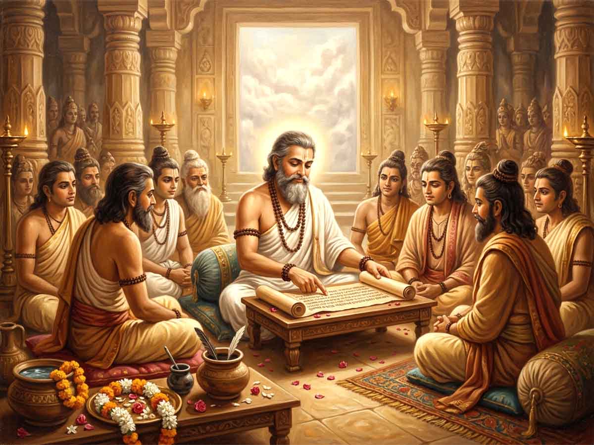 Devguru Brihaspati teaching the Devas inside a magnificent celestial assembly inspired by ancient Vedic descriptions.