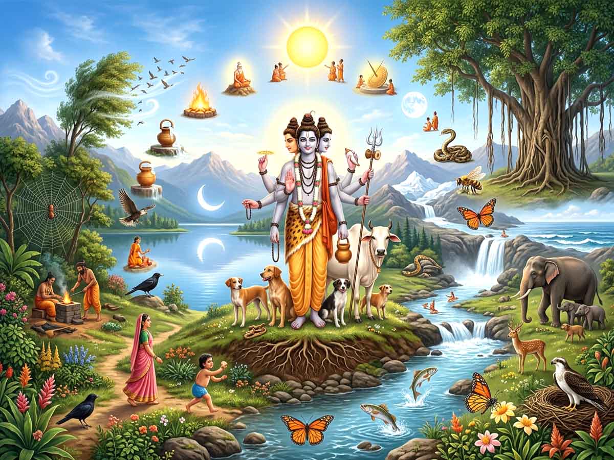 Lord Dattatreya standing peacefully in nature surrounded by symbolic representations of his twenty-four Gurus