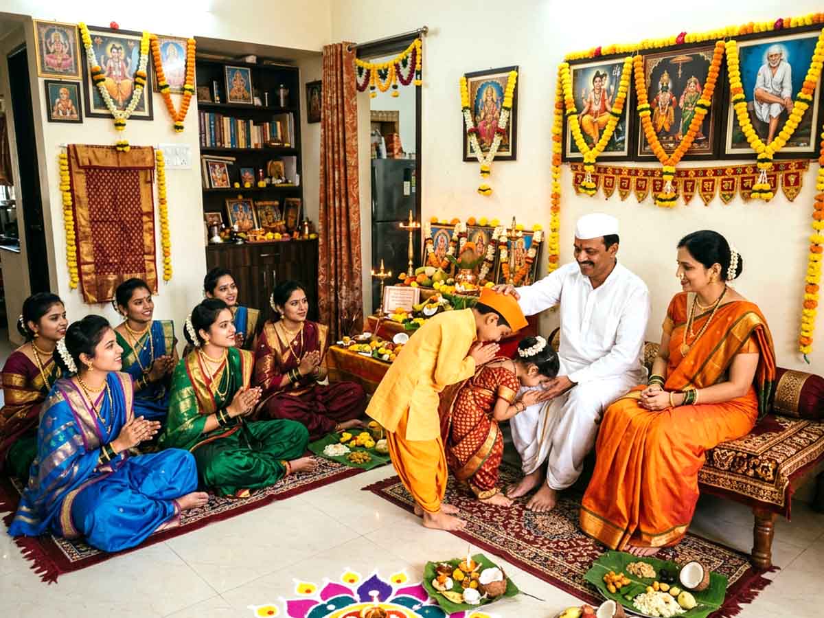 A traditional Maharashtrian Hindu family celebrating Guru Purnima at home. Parents being respectfully greeted by children touching their feet
