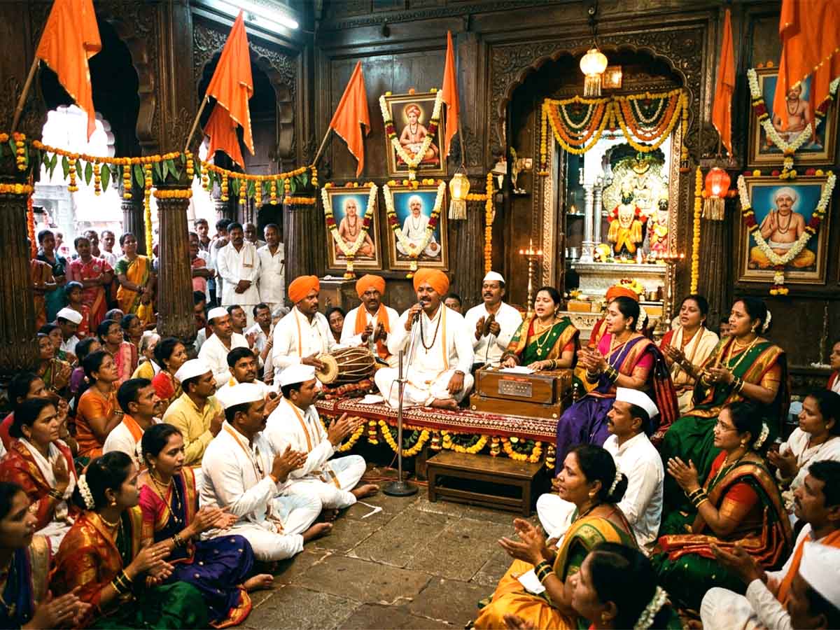 Devotees gathered inside a traditional Maharashtrian temple during Guru Purnima celebrations.