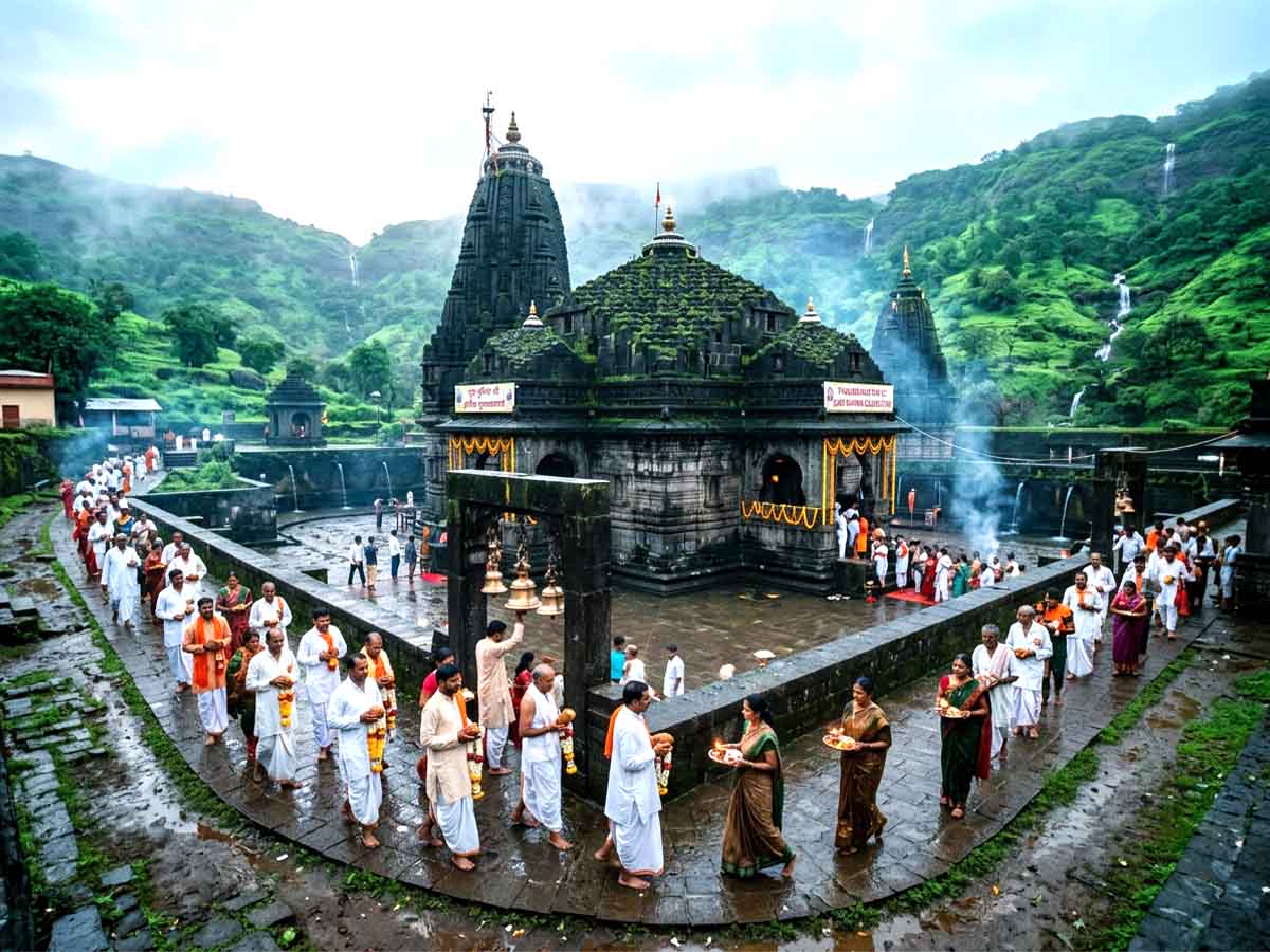 Early morning view of Trimbakeshwar Temple with devotees arriving for Guru Purnima celebrations.
