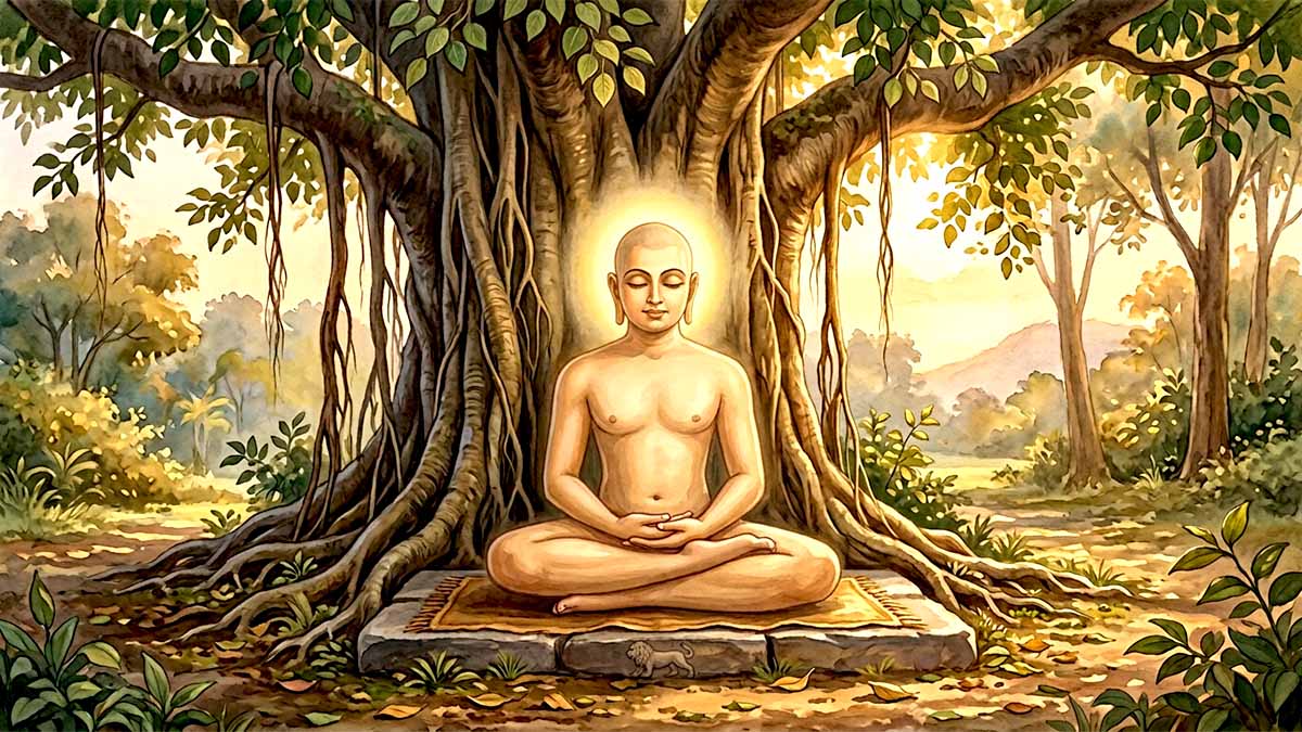 Mahavir Jayanti 2026 Bhagwan Mahavir meditating under a sacred tree