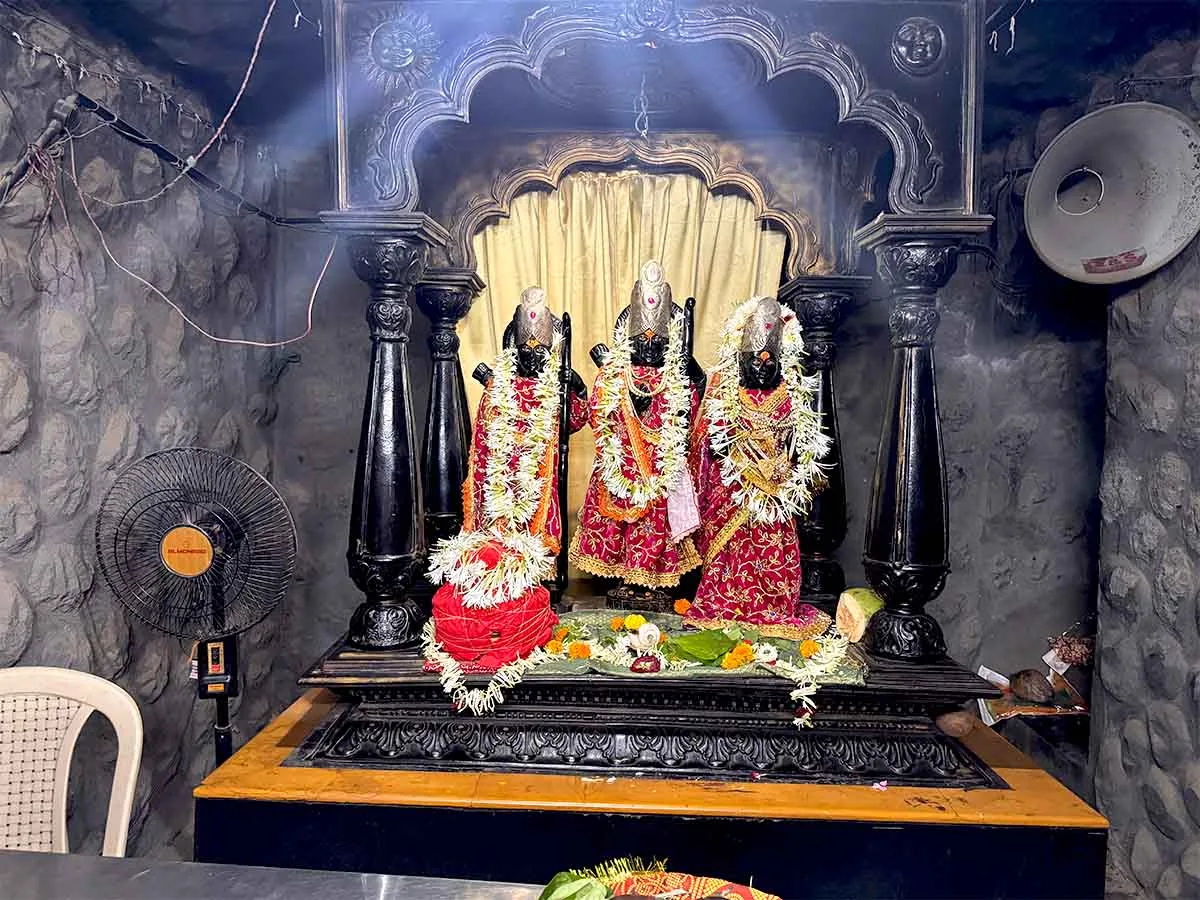 Idols of Mata Sita, Shriram, and Lakshman inside Sita Gufa temple. Photos July 2026