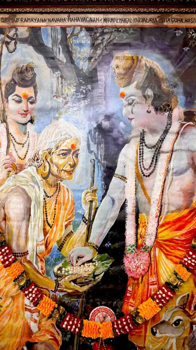 Heritage style portrait of Shriram accepting fruits from Shabri Mata inside Sita Gufa temple