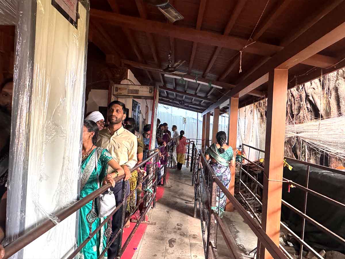 Steel railings set up outside the temple to regular flow of devotees into the temple